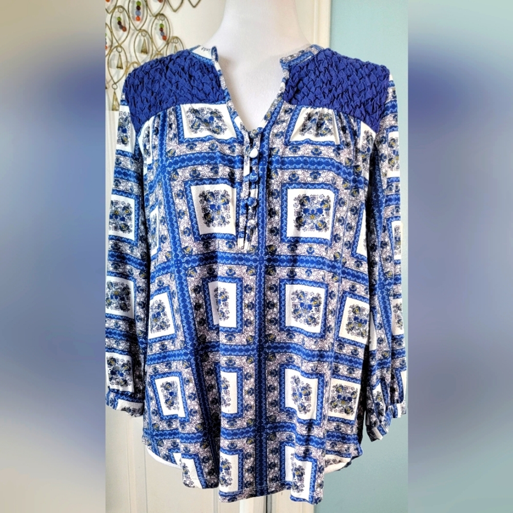Porridge Anthropologie Belmar Peasant Top Women's S Blue & White Floral 3/4 Slee
